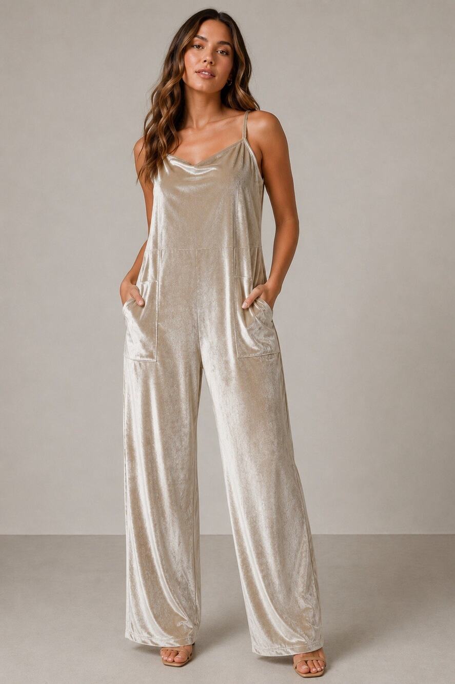 World Market Velour Shimmery Gold Cami Jumpsuit Womens L/XL Champagne Stretch